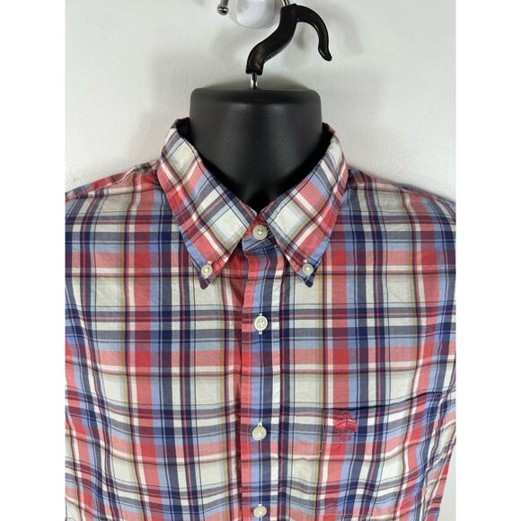 Brooks Brothers Plaid  Short Sleeve Button Up Chest Logo Size Medium Red White - Picture 8 of 9